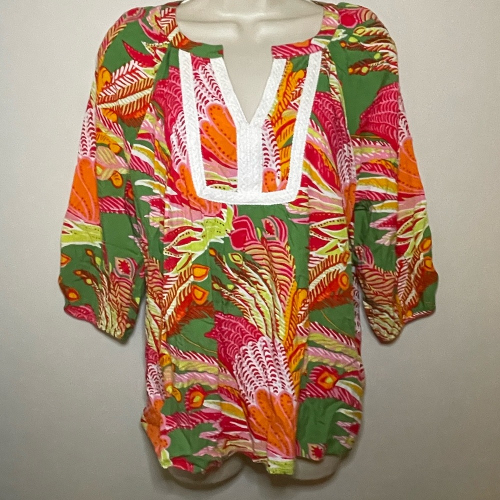 Crown & Ivy Womens Peasant Petite S Green Orange Tropical  Boho